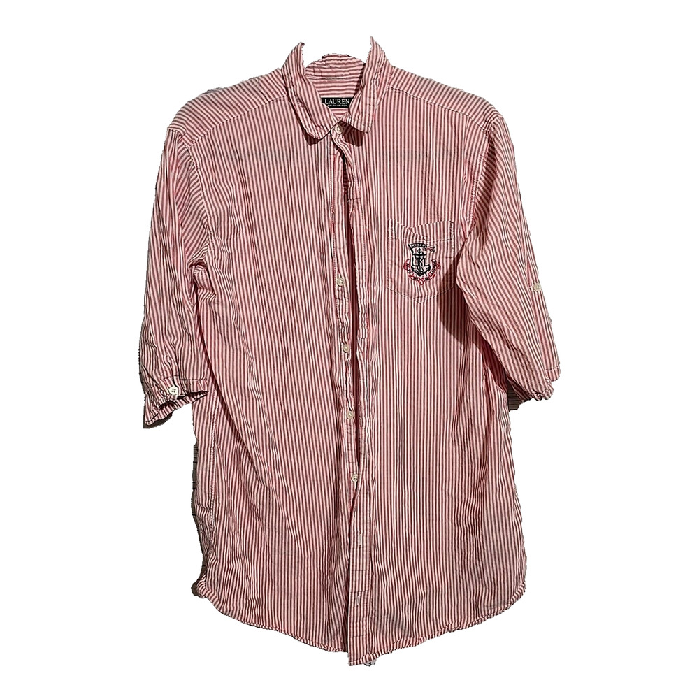Lauren Ralph Lauren Red Striped Short Sleeve Button Down‎ Shirt Womans Sz Medium